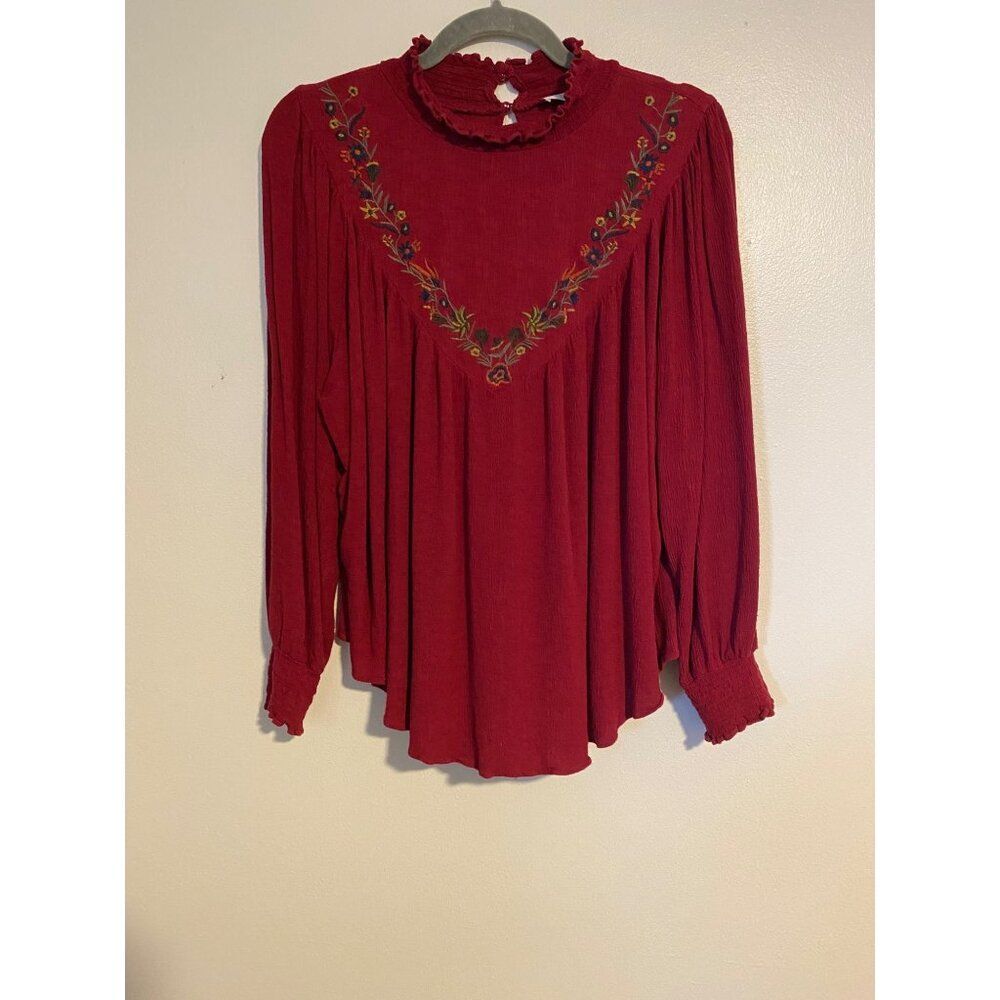 Chic Soul 1X Womens Blouse Red Embroidered Ruffled Long Sleeve Flowy Top Artsy